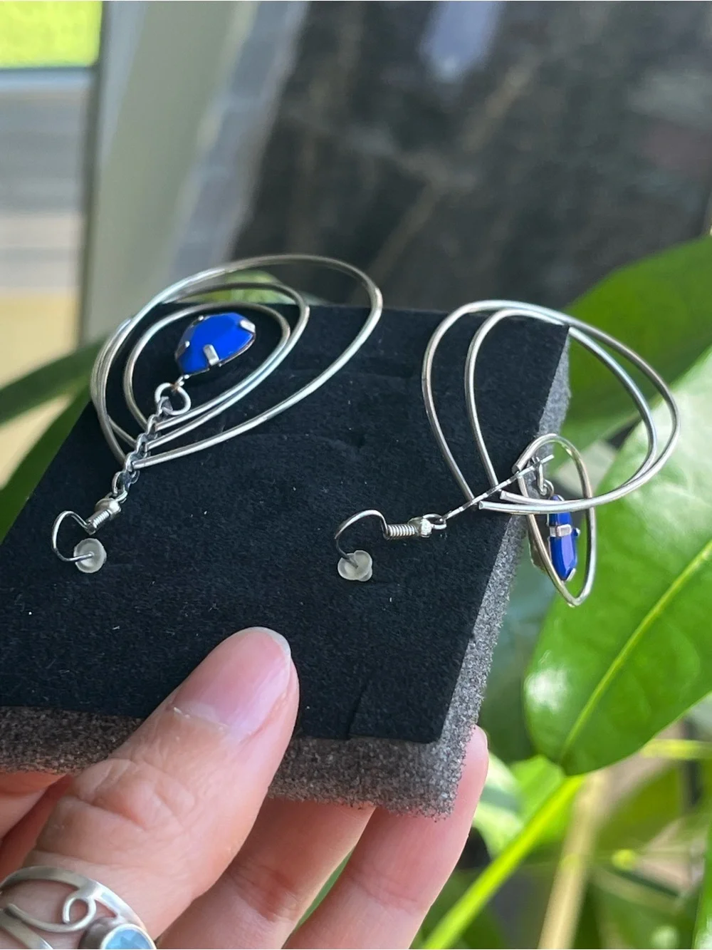 Silver Teardrop Earrings with Cobalt Blue Stone, maybe vintage